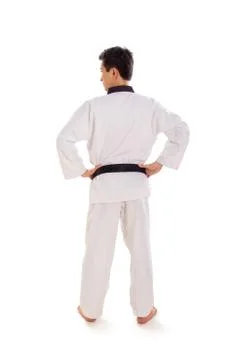 Tae-kwon-do champion pose, back shot portrait Stock Photos