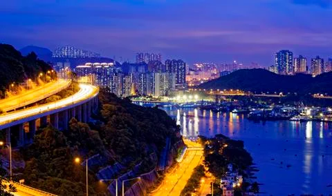 Taffic Night scene of Ting Kau suspension bridge Stock Photos