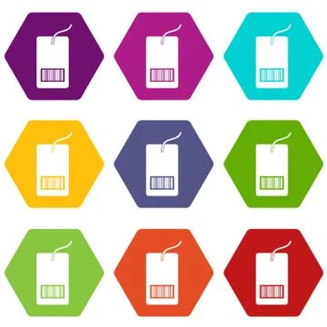 Tag with bar code icon set color hexahedron 스톡 일러스트