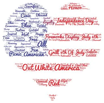 Tag cloud of 4th of july in the shape of flag in the heart 스톡 일러스트