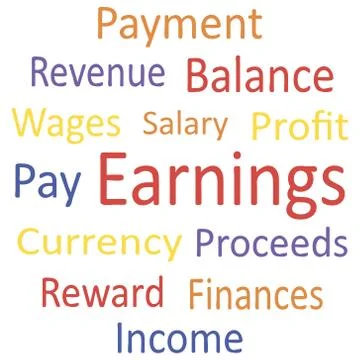Tag cloud: "Earnings" with synonyms. Illustrazione stock