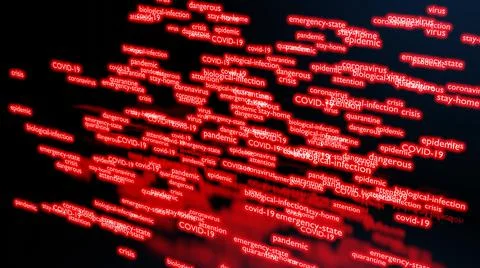 Tag cloud of red neon text on coronavirus pandemic theme. COVID19 background Stock Illustration