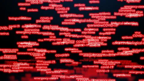 Tag cloud of red neon text on coronavirus pandemic theme. COVID19 background Stock Illustration