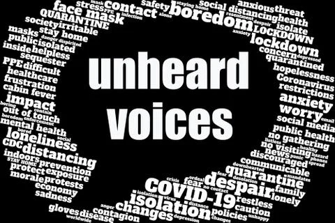 Tag cloud regarding COVID-19 and social distancing in a speech balloon Stock Illustration