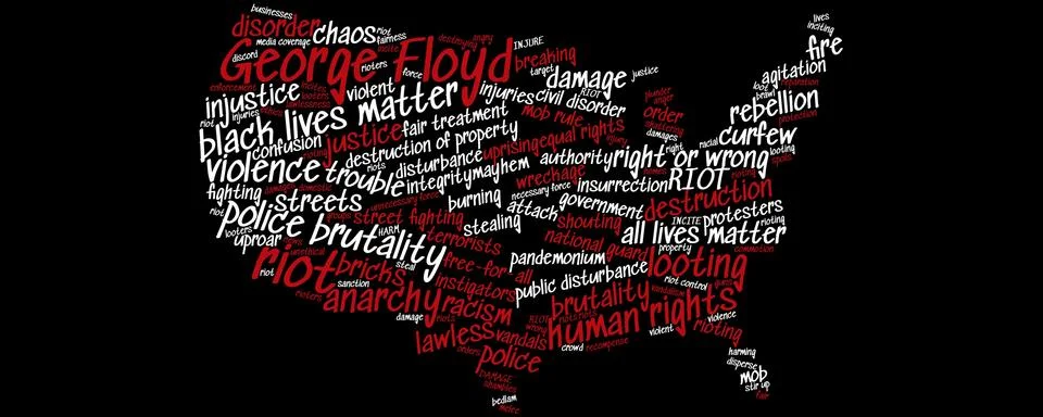 A tag cloud regarding George Floyd, riots, looting, police brutality, violence Stock Illustration