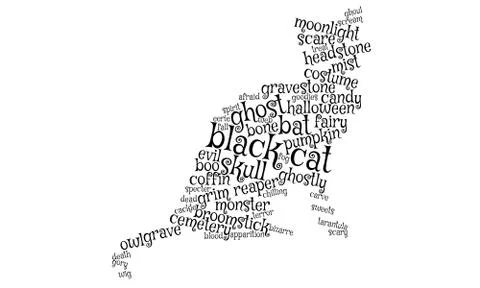 Tag cloud in the shape of a black cat on a white background, for Halloween Stock Illustration