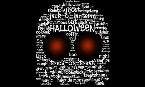 Tag cloud, text cloud in the shape of a ghost, goblin with glowing eyes Stock Illustration