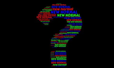 Tag cloud text reading 'New Normal' forms a question mark in bold neon colors Stock Illustration