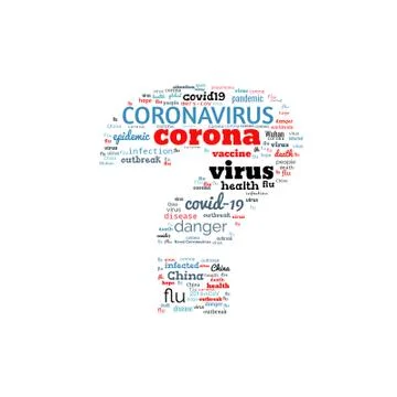 Tag Cloud on theme Coronavirus Outbreak in shape of question mark on white Stock Illustration