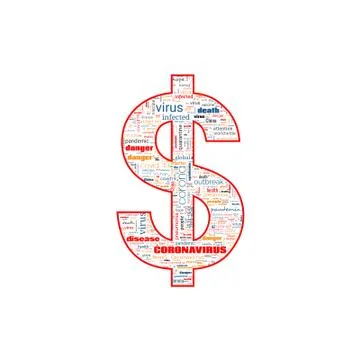 Tag Cloud on theme Coronavirus Outbreak in shape of dollar sign on white Stock Illustration