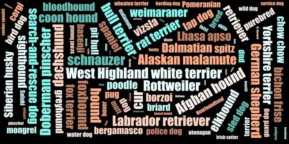Tag cloud typography concept, consisting of important tags. Terms - dogs. Col Stock Illustration