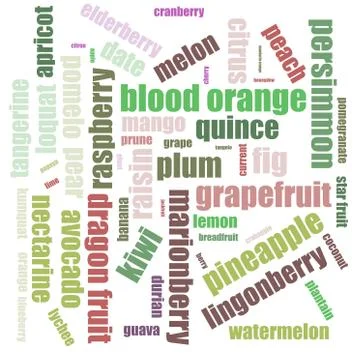 Tag cloud typography concept, consisting of important tags. Terms - fruit. Co Stock Illustration