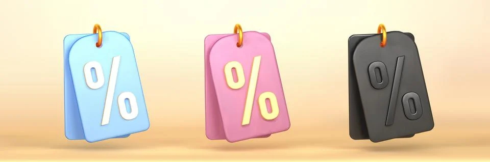 Tag price 3d render vector, discount label 3d icon. Black, blue and soft lila Stock Illustration