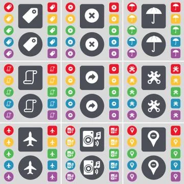 Tag, Stop, Umbrella, Scroll, Back, Wrench, Airplane, Speaker, Checkpoint icon sy Stock Illustration