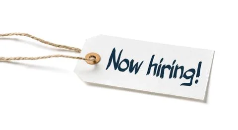 Tag on a white background with the text now hiring Stock Photos