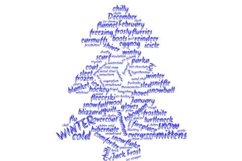 Tagcloud shape of a fir tree, blue on white, winter, Christmas, holiday season Illustrazione stock