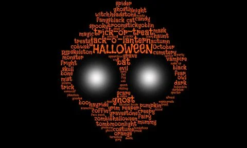 Tagcloud, text cloud in the form of a goblin, ghoul, alien with glowing eyes Stock Illustration