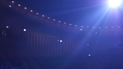 Tage blue light with colored spotlights and smoke. Empty theater. Panoramic view Stock Footage 312032166