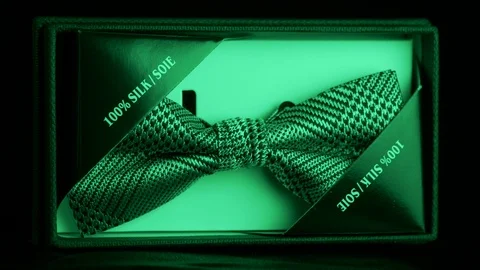 Tagged luxurious patterned silk bow tie in retail box- emerald light 4k Stock Footage 98404121