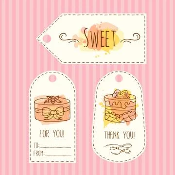 Tags with cake illustration. Vector hand drawn labes set  watercolor splashes Stock Illustration