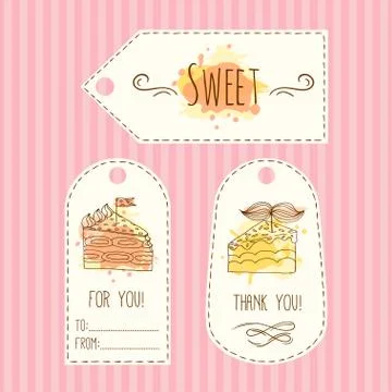 Tags with cake illustration. Vector hand drawn labes set  watercolor splashes Stock Illustration