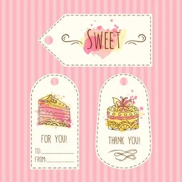 Tags with cake illustration. Vector hand drawn labes set  watercolor splashes Stock Illustration