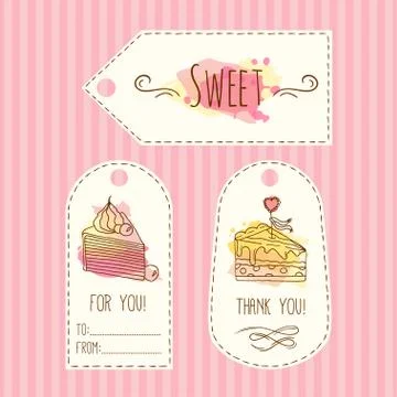 Tags with cake illustration. Vector hand drawn labes set  watercolor splashes Stock Illustration