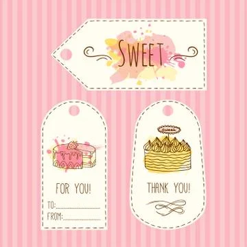 Tags with cake illustration. Vector hand drawn labes set  watercolor splashes Stock Illustration