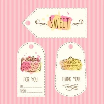 Tags with cake illustration. Vector hand drawn labes set  watercolor splashes Stock Illustration