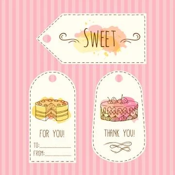 Tags with cake illustration. Vector hand drawn labes set  watercolor splashes Stock Illustration