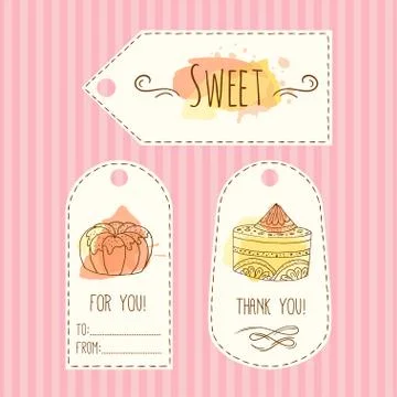 Tags with cake illustration. Vector hand drawn labels set  watercolor splashes Stock Illustration