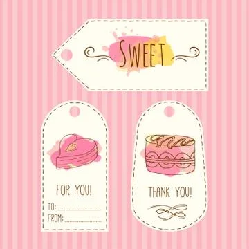 Tags with cake illustration. Vector hand drawn labels set  watercolor splashes Stock Illustration