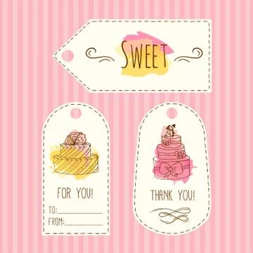 Tags with cake illustration. Vector hand drawn labels set  watercolor splashes Stock Illustration