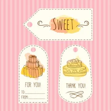 Tags with cake illustration. Vector hand drawn labels set  watercolor splashes Stock Illustration
