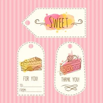Tags with cake illustration. Vector hand drawn labels set  watercolor splashes Stock Illustration