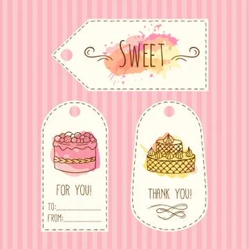 Tags with cake illustration. Vector hand drawn labes set  watercolor splashes Stock Illustration