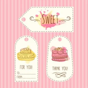 Tags with cake illustration. Vector hand drawn labes set  watercolor splashes Stock Illustration