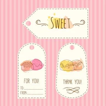 Tags with candy illustration. Vector hand drawn labels set  watercolor splashes Stock Illustration