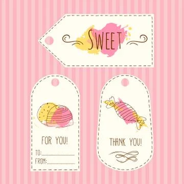 Tags with candy illustration. Vector hand drawn labels set  watercolor splashes Stock Illustration