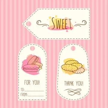 Tags with cookie illustration. Vector hand drawn labels set  watercolor splashes Stock Illustration
