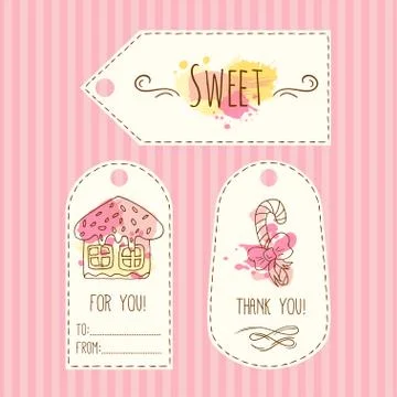 Tags with cookie illustration. Vector hand drawn labels set  watercolor splashes Stock Illustration