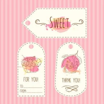 Tags with cupcake illustration. Vector hand drawn labels set  watercolor Stock Illustration