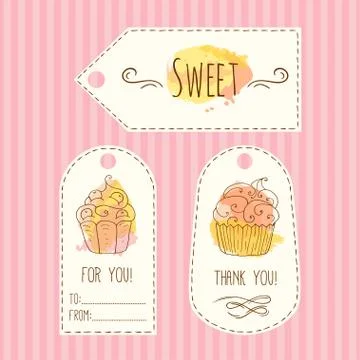 Tags with cupcake illustration. Vector hand drawn labels set  watercolor Stock Illustration