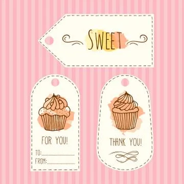 Tags with cupcake illustration. Vector hand drawn labes set  watercolor splashes Stock Illustration