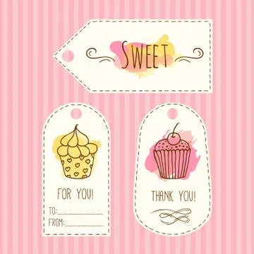 Tags with cupcake illustration. Vector hand drawn labes set  watercolor splashes Stock Illustration