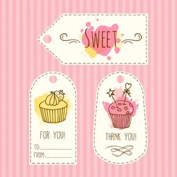 Tags with cupcake illustration. Vector hand drawn labes set  watercolor splashes Stock Illustration