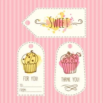 Tags with cupcake illustration. Vector hand drawn labes set  watercolor splashes Stock Illustration