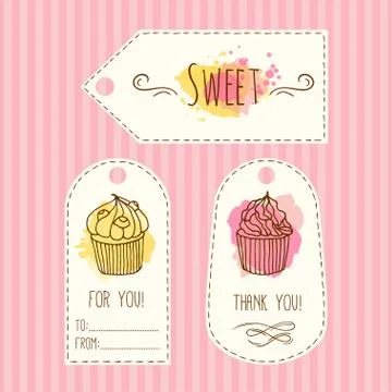 Tags with cupcake illustration. Vector hand drawn labes set  watercolor splashes Stock Illustration