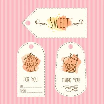 Tags with cupcake illustration. Vector hand drawn labes set  watercolor splashes Stock Illustration