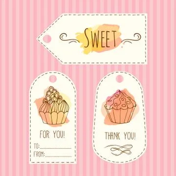 Tags with cupcake illustration. Vector hand drawn labes set  watercolor splashes Stock Illustration